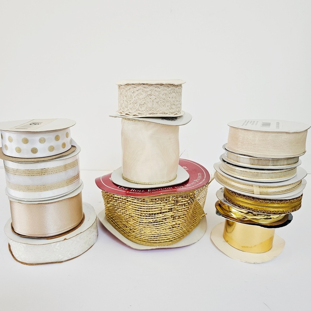 Lot of 14 White Gold Ivory Ribbon Wire Mesh Lace Satin Wedding -‎ 75 yards 1401